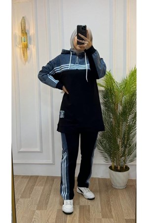 طقم قطعتين موديل G1331 بأكمام طويلة وبنطلون واسع مع خطوط جانبية للمحجبات - اسود (خدمة الدفع عند الباب - القياسات المتوفرة 36,38,42)