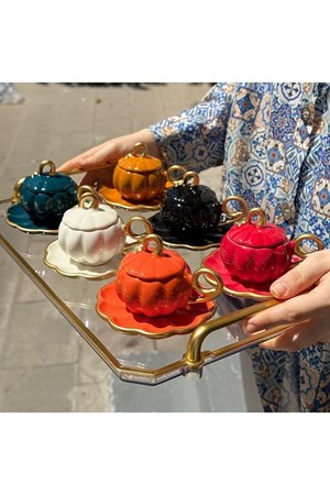 أكواب قهوة فاخرة من أونديكور ، 6 قطع، بلون اليقطين، مع أغطية