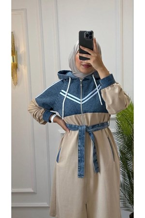 طقم طلعة للمحجبات انيق و للمناسبات جينز+قطن موديل G1178 - بيج (خدمة الدفع عند الباب - القياسات المتوفرة 44,46)