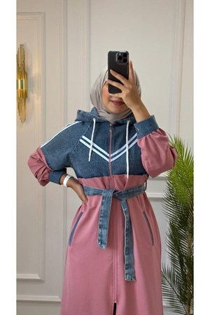 طقم طلعة للمحجبات انيق و للمناسبات جينز+قطن موديل G1178 - زهر (خدمة الدفع عند الباب - القياسات المتوفرة 38,40,42,44,46)