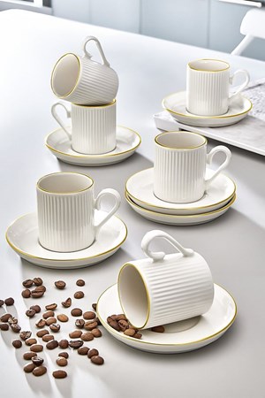 طقم فناجين قهوة مخططة من البورسلين الذهبي بتصميم خاص من كيتشن لايف ، 12 قطعة، مناسب لـ 6 أشخاص، سعة 100 مل - كوب قهوة